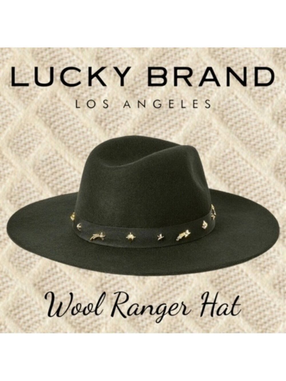 LUCKY BRAND (NWT) 100% WOOL Gold-Charm-Accented Band Black Wide Brim Ranger Hat